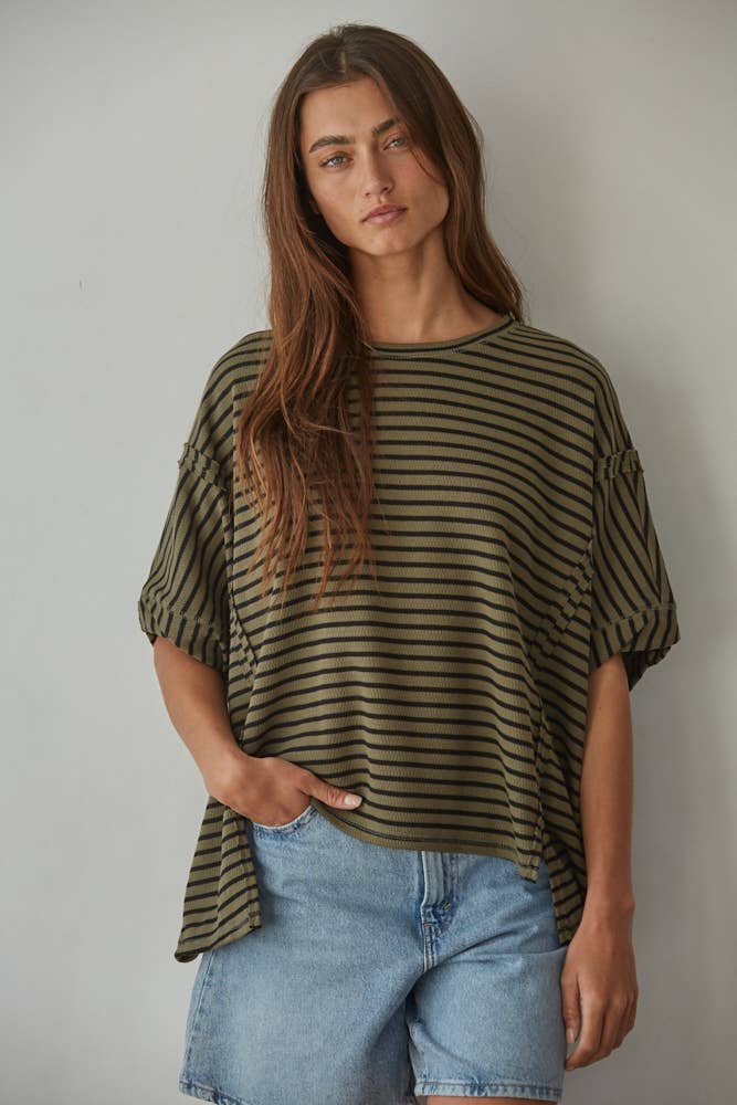 RJ3530 | Knit Cotton Polyester Striped Short Sleeve Top