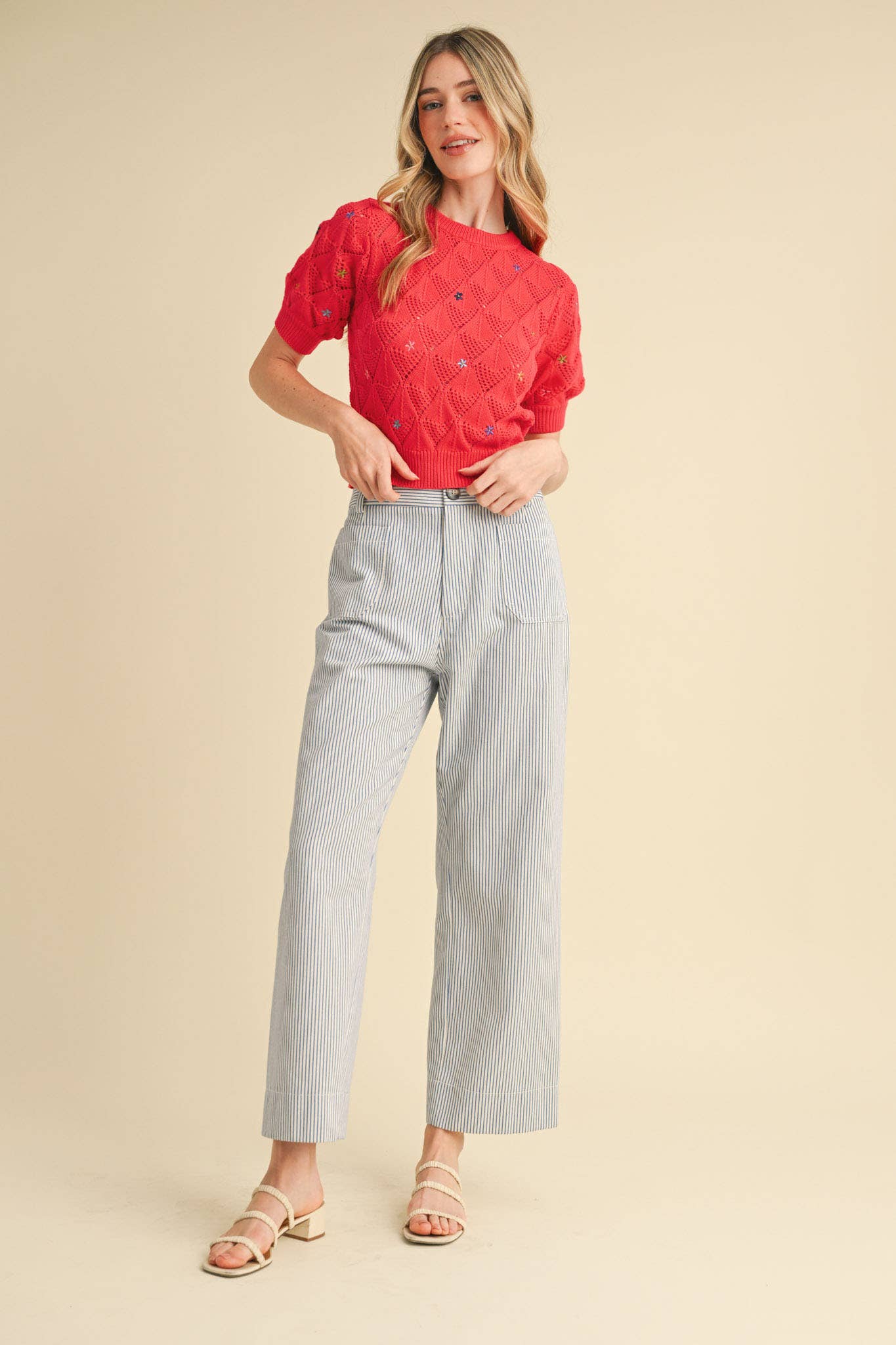 POINTELLE KNIT SWEATER WITH FLORAL EMBROIDERY MSW10819