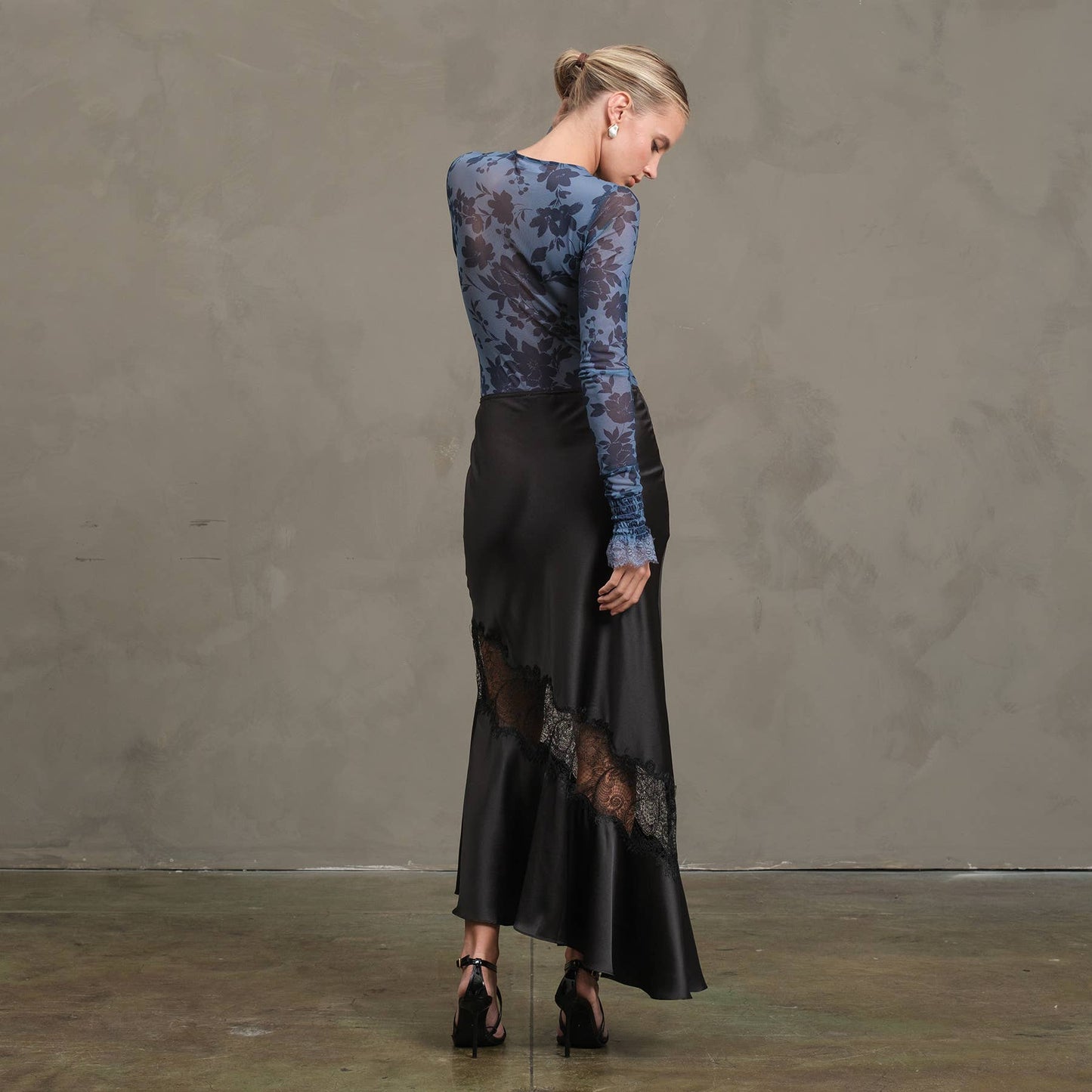 Satin Bias Lace Panel Skirt - RS1005