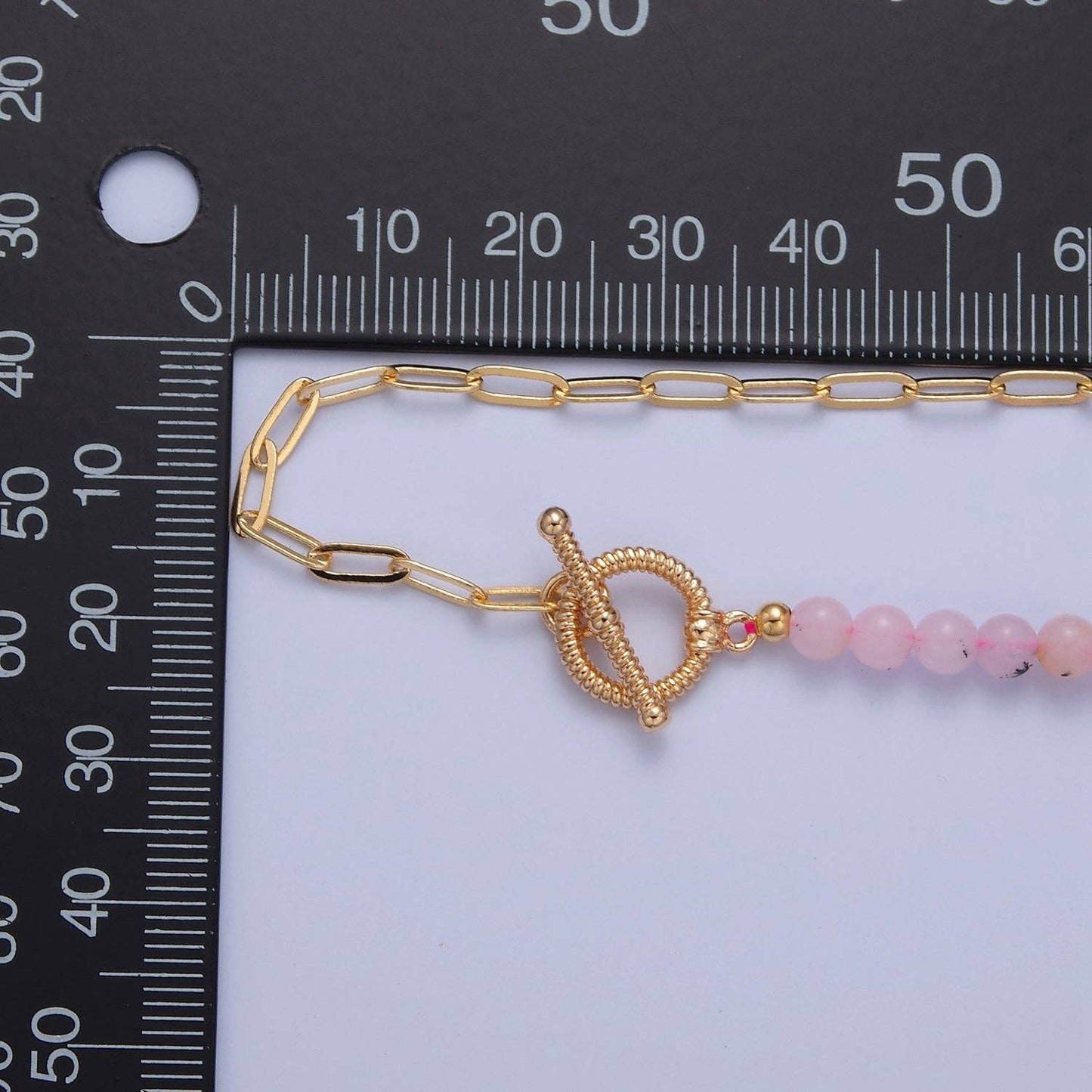 Clearance Pricing BLOWOUT Dainty Half Bead Half Link Chain Necklace, 24k Gold Filled Paperclip Chain with Pink Jade Necklace Toggle Clasp WA-970