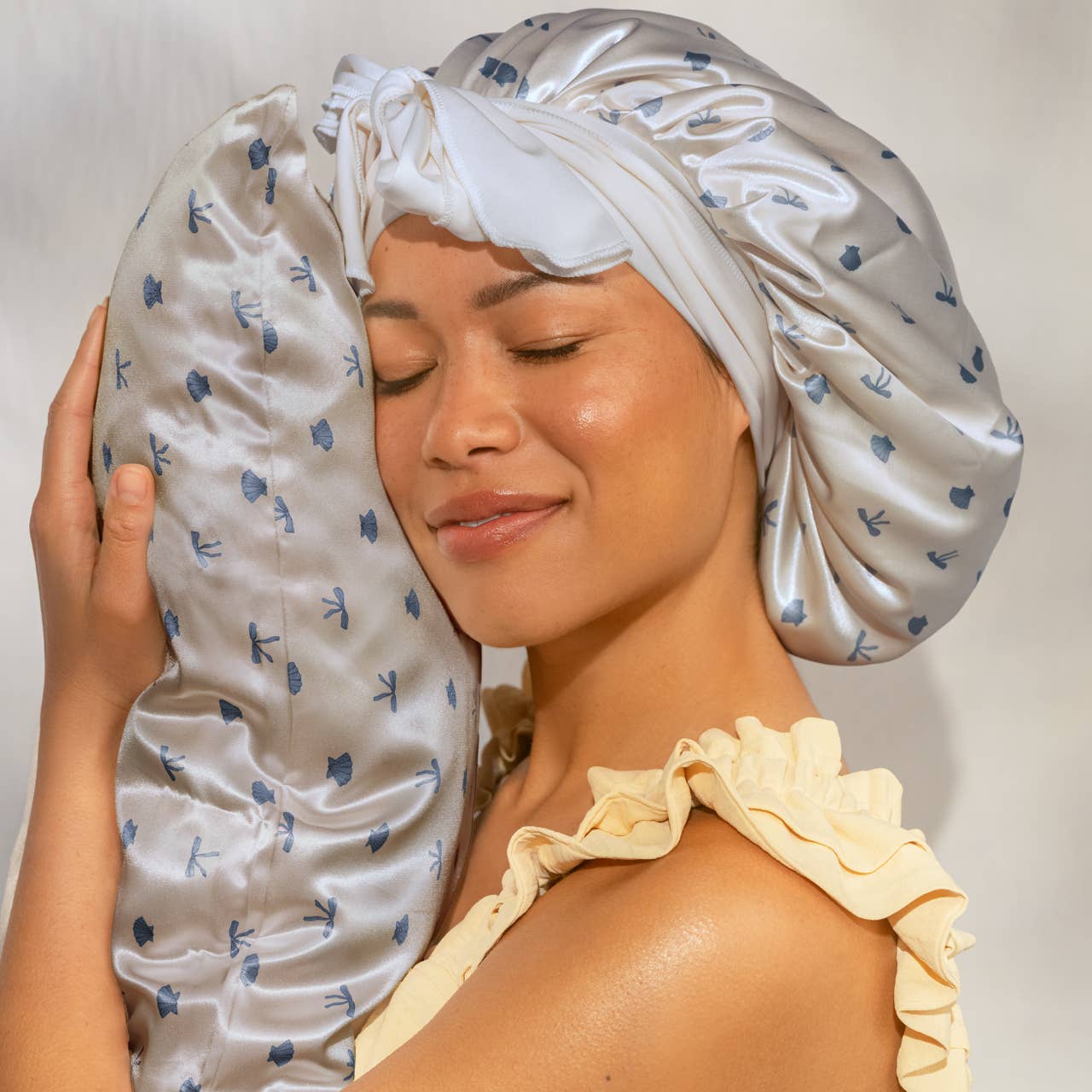 Oversized Satin Bonnet - Pearlized Cream & Coastal Blue Print