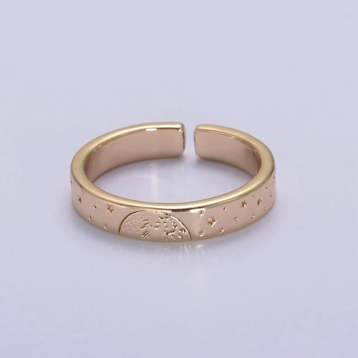 Gold Celestial Astronomy RING SET, Engraved Sun & Moon & Stars Gold Band Rings, 16K Gold Filled Adjustable Rings U-442