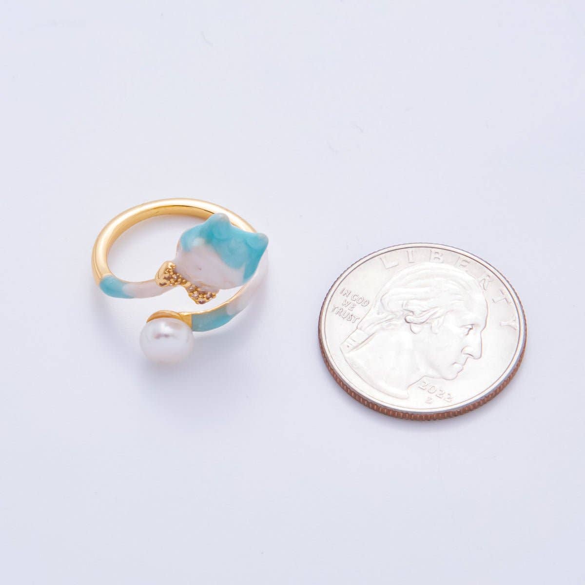 18K Gold Filled Micro Paved CZ Blue Enamel Art Cat-Shaped with Shell Pearl Adjustable Ring | O-024