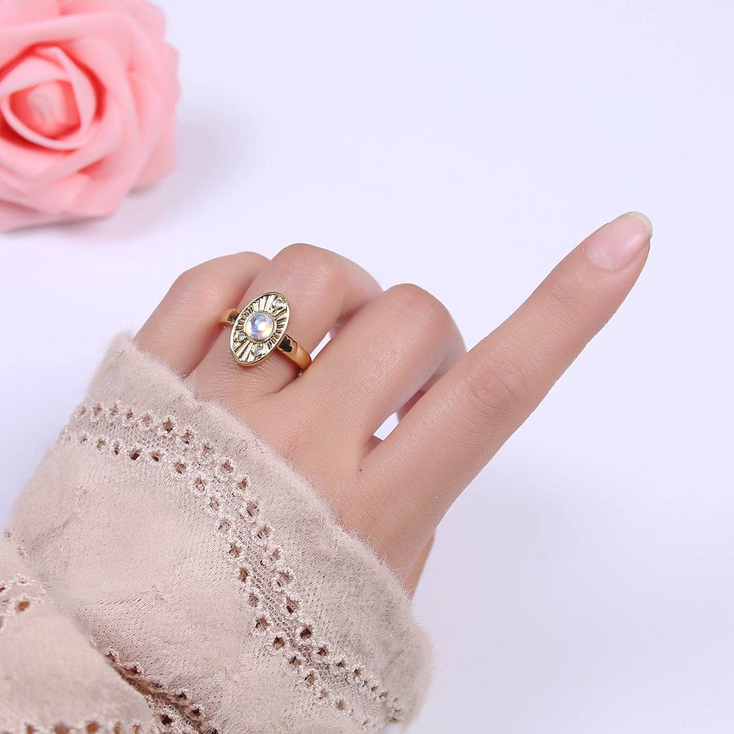 White Opal Sunburst Ring, Clear Crystal Zirconia CZ Oval Radial Adjustable Ring, 24K Gold Filled Statement Ring U460
