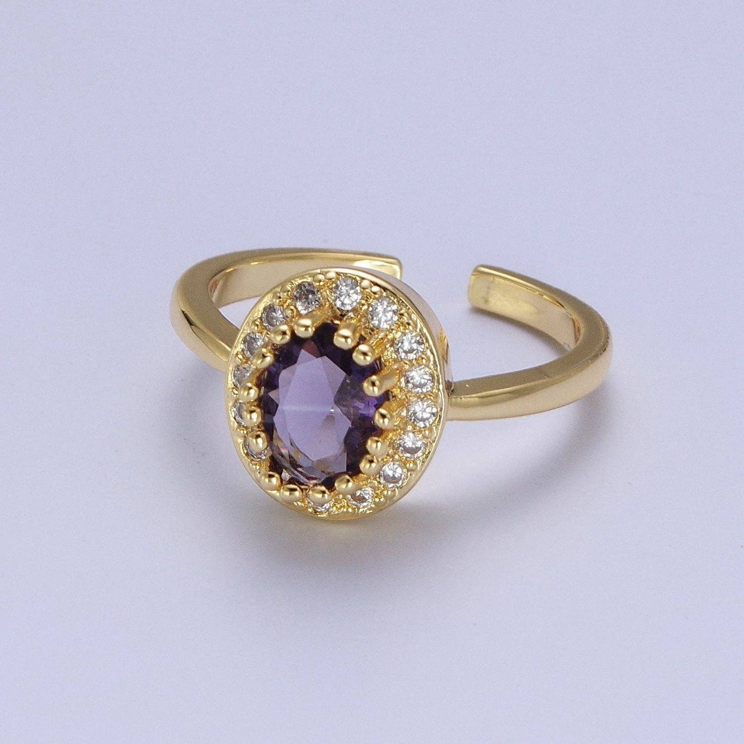 Micro Pave Oval Purple Amethyst Cubic Zirconia CZ Adjustable Gold Ring S248