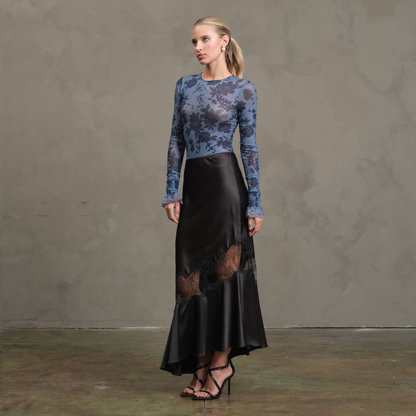 Satin Bias Lace Panel Skirt - RS1005