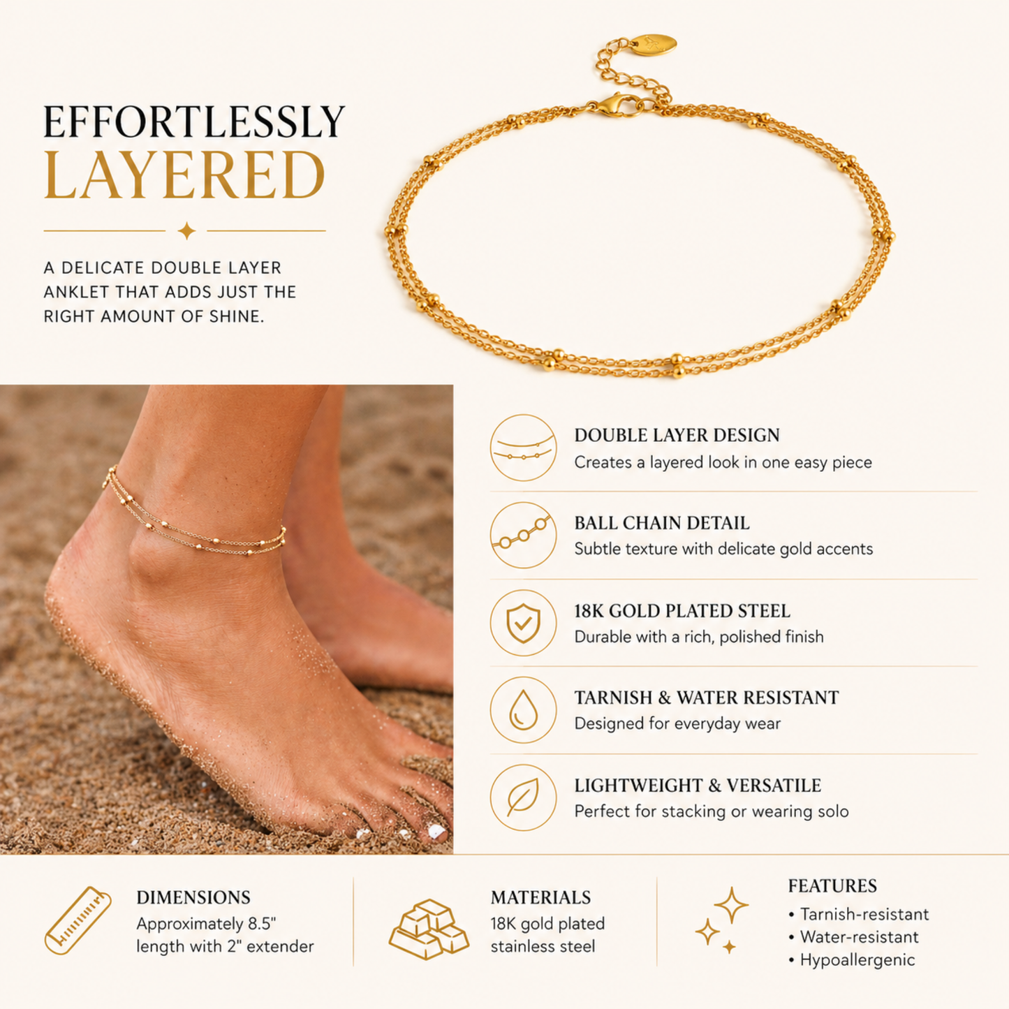 Double Layer Ball Chain Anklet - Tarnish & Water Resistant