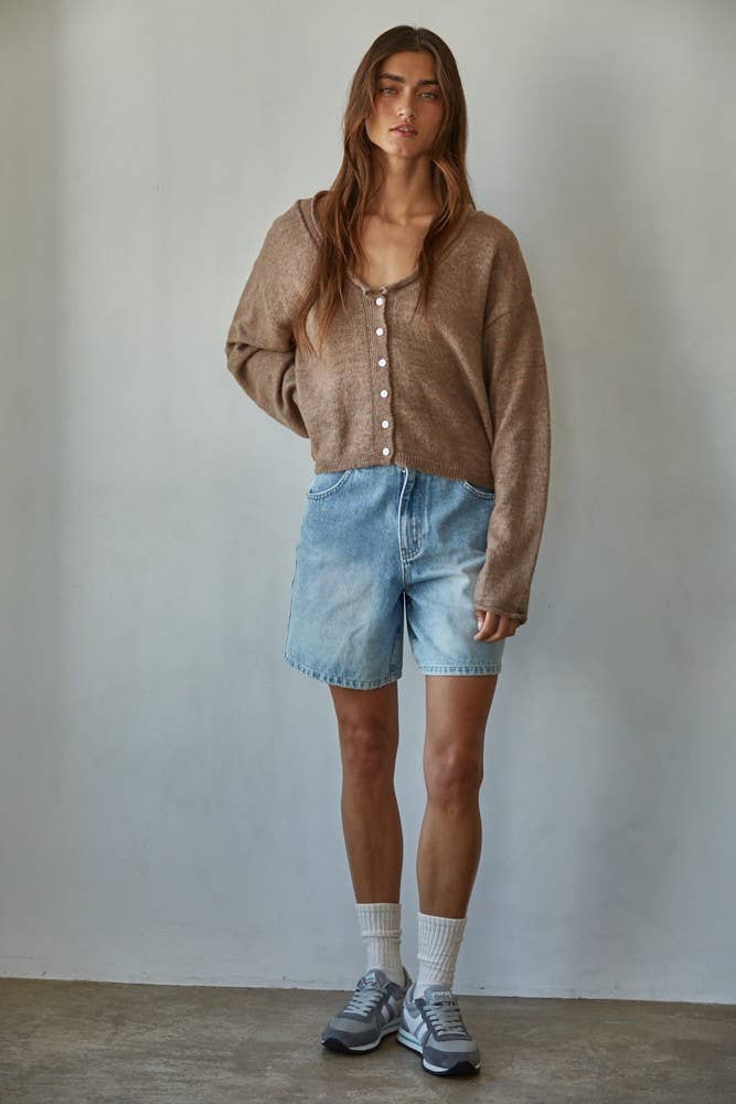 W2116 | Knit Sweater Rolled V-Neck Long Sleeve Cardigan Top