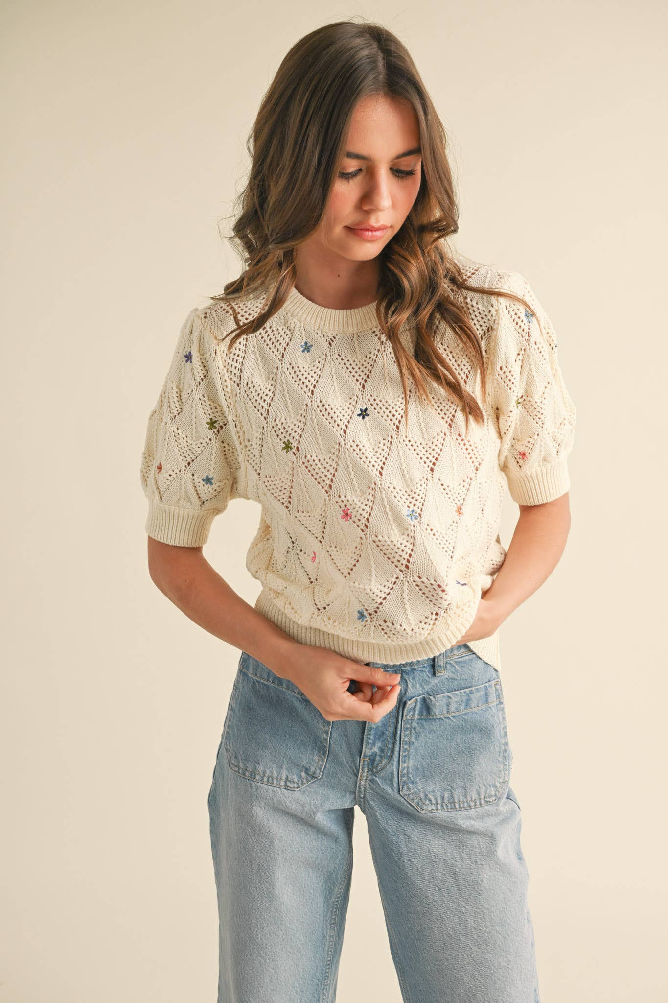 POINTELLE KNIT SWEATER WITH FLORAL EMBROIDERY MSW10819