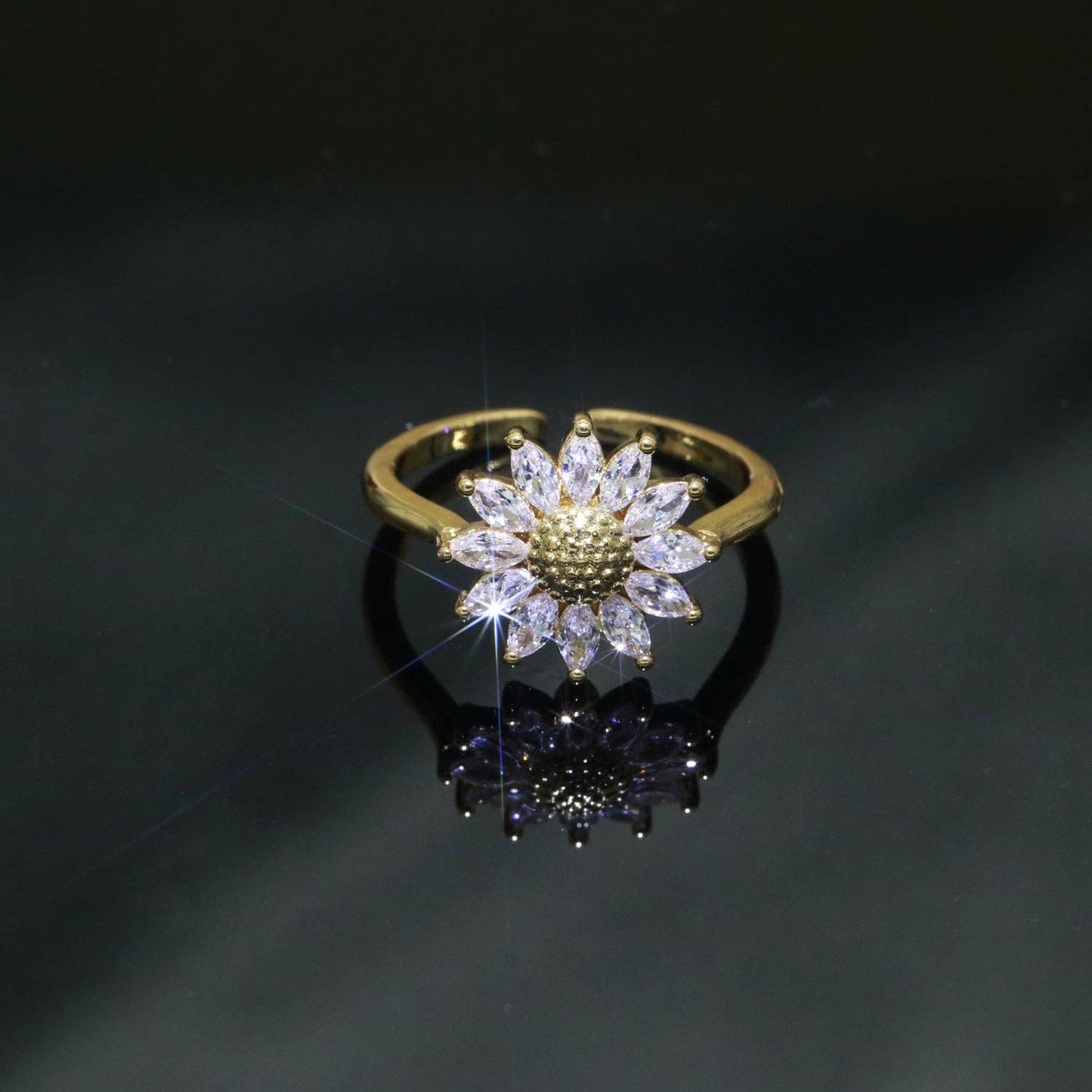 Gold Sun Flower Ring 14k Gold Filed Dainty Ring Cz Open Adjustable Minimalist Ring Stackable Jewelry O361