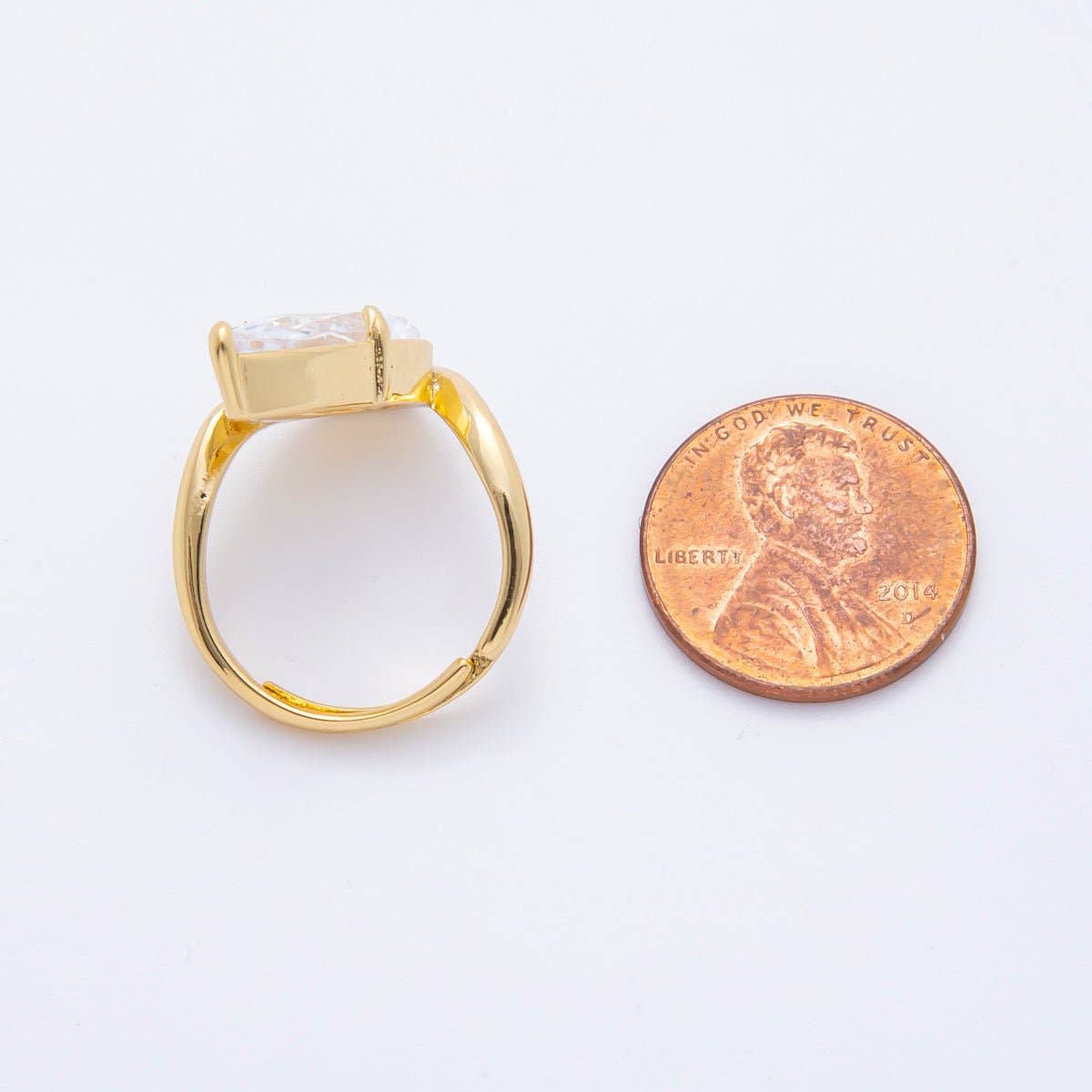 18K Gold Filled Pink, Clear Teardrop Pear Shaped Solitaire Curved Adjustable Ring | O-2208