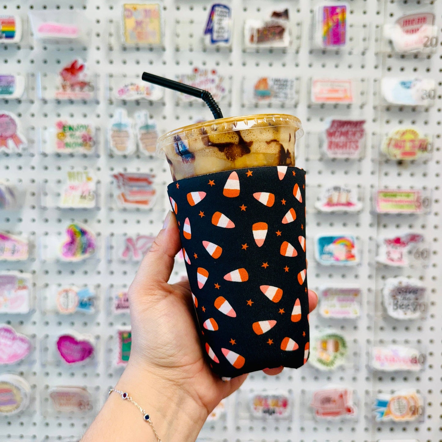 Iced Coffee Sleeve, Fall Candy Corn Pattern