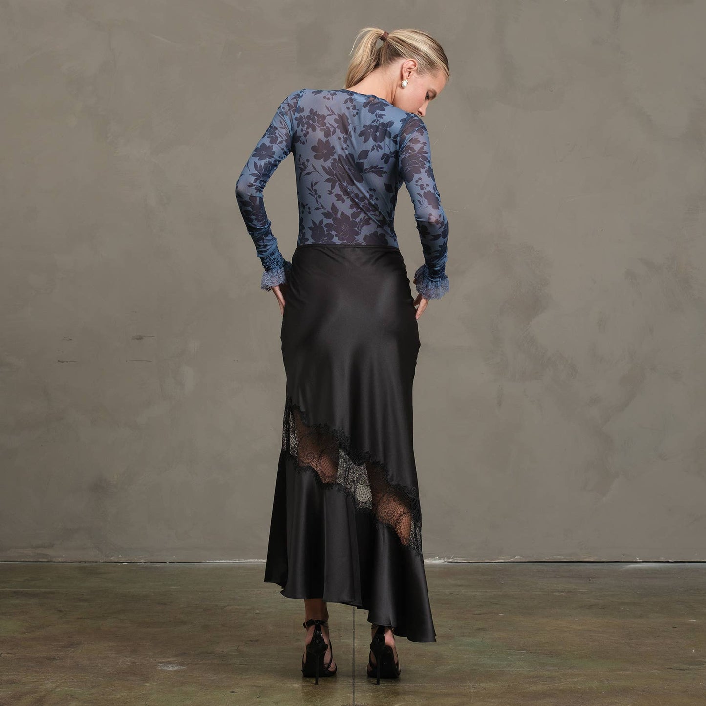 Satin Bias Lace Panel Skirt - RS1005