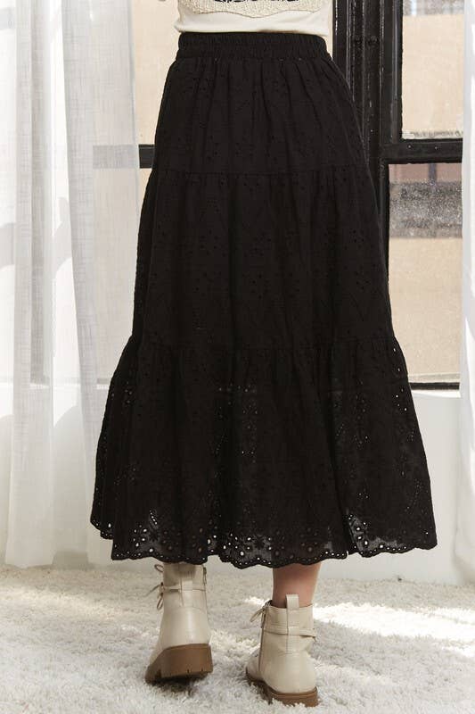 LES3878-ELASTIC WAISTBAND TIERED MIDI SKIRT