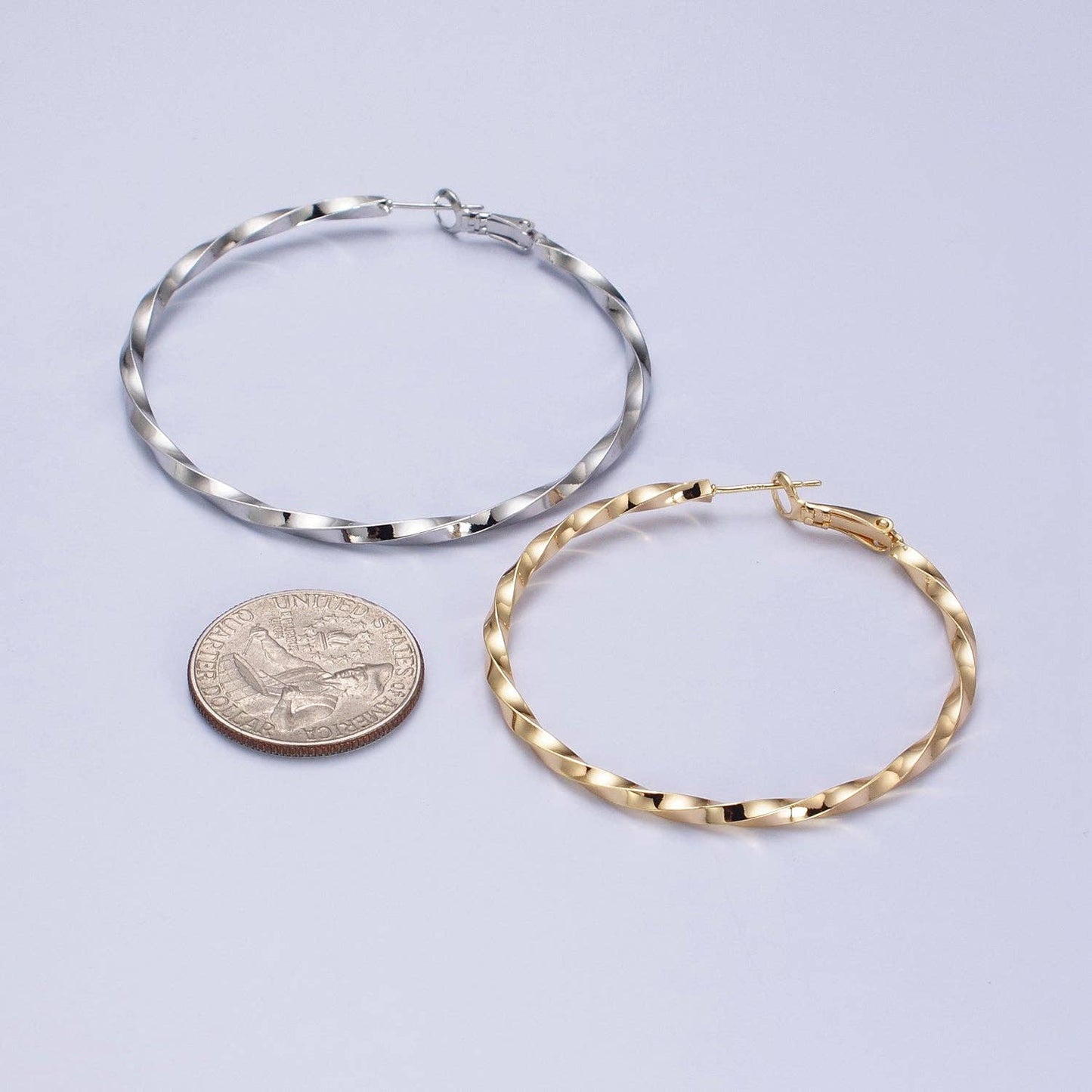60mm, 50mm Gold Filled Twist Geometric Hoop Hinge Latch Earrings in Gold & Silver | AB499 - AB502