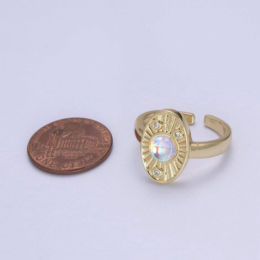 White Opal Sunburst Ring, Clear Crystal Zirconia CZ Oval Radial Adjustable Ring, 24K Gold Filled Statement Ring U460