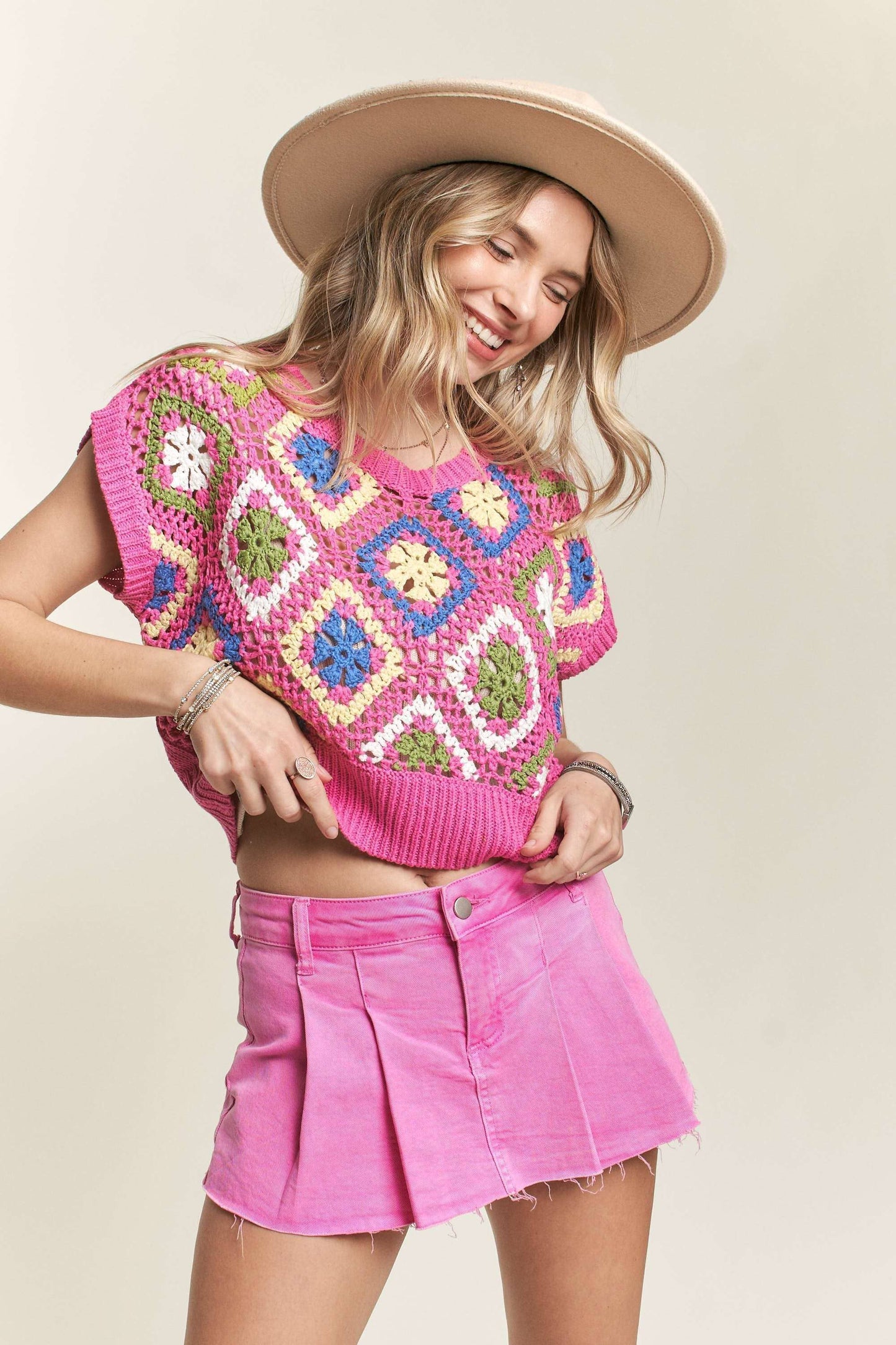 LESW3572-MULTI COLOR CROCHET TOP