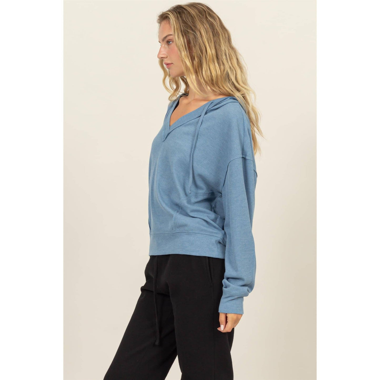 Relaxed Fit Notch Neck Ribbed Hoodie