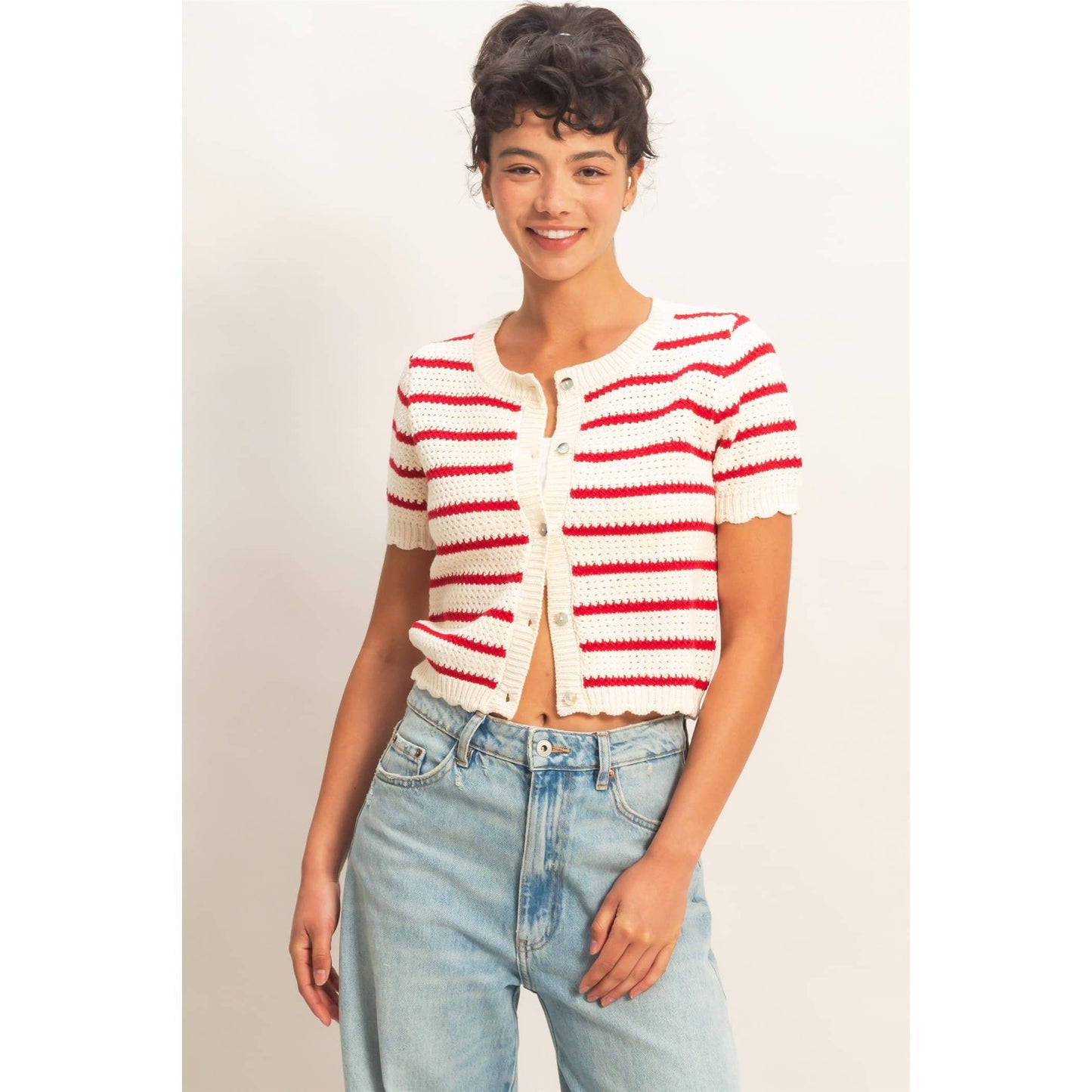 Striped Short Sleeve Cardigan With Scallop Edge