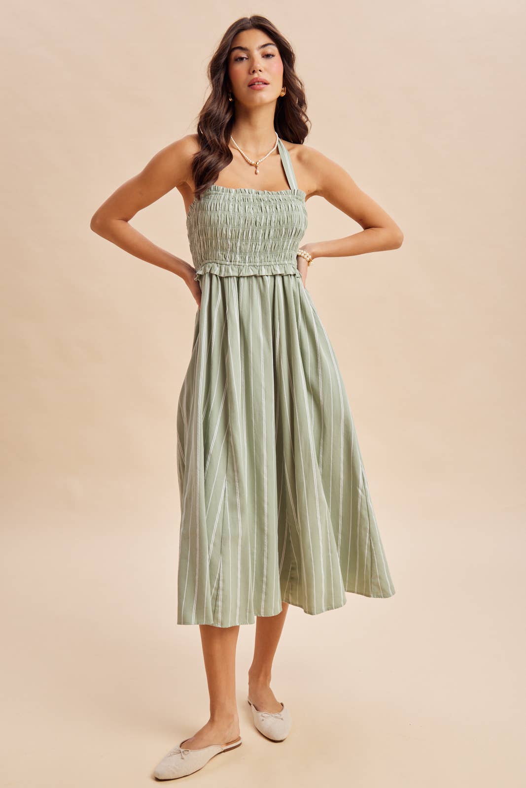 SMOCKED HALTER MIDI DRESS