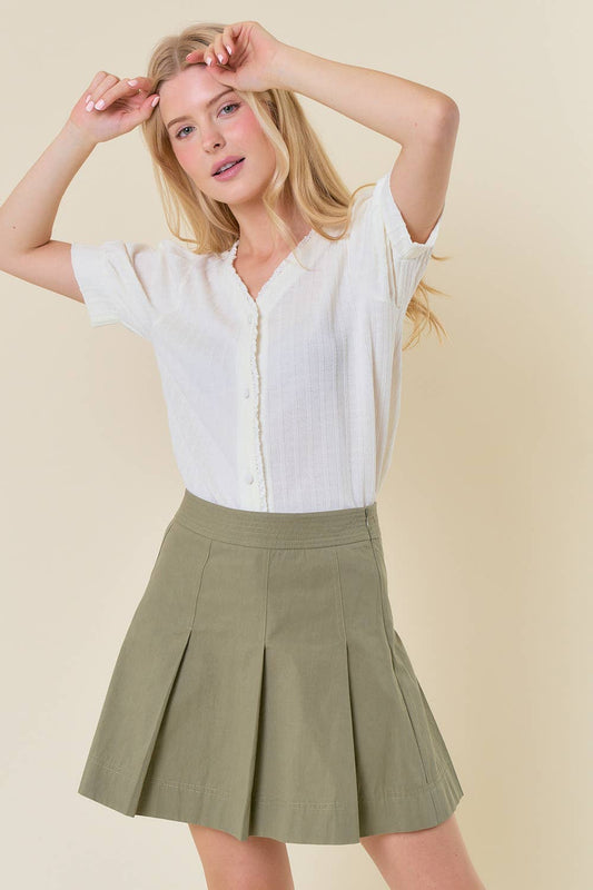 PLEATED COTTON A-LINE MINI SKIRT W/ SIDE ZIP UP - 6500S