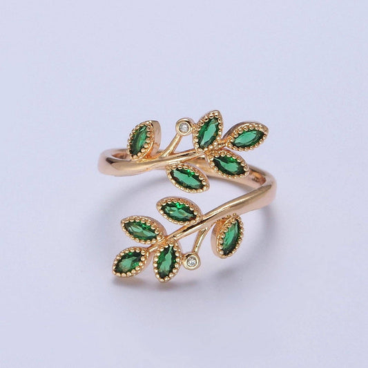 Gold Olive Leaf Ring Green Pave Olive Leaf Ring Adjustable Ring O-2210
