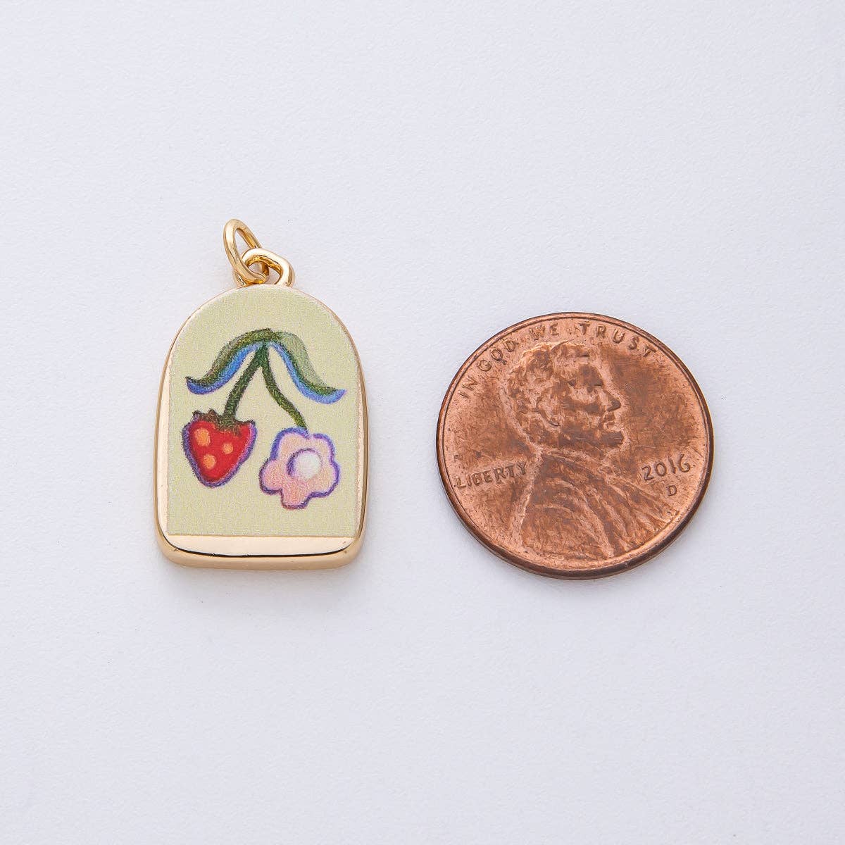 18K Gold Filled 23mm Flower Strawberry Green Enamel Charm | AF1597