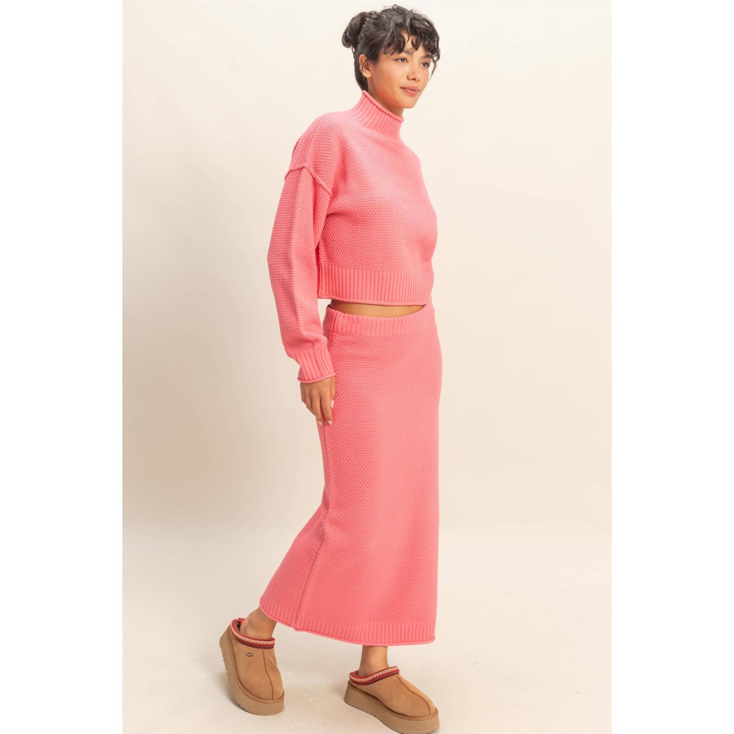 Textured High Neck Sweater & Skirt Set