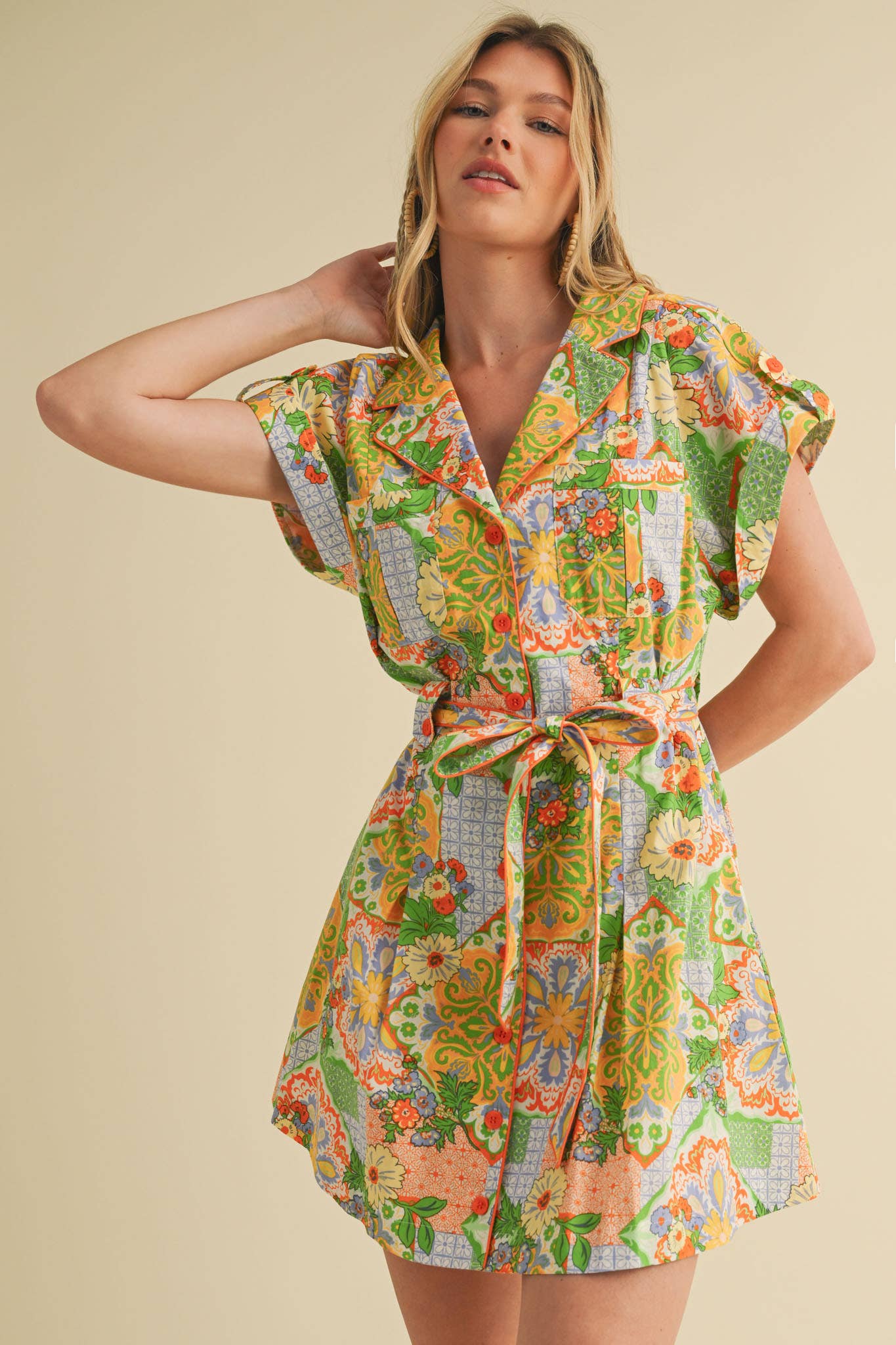 EXCLUSIVE PRINT BUTTON DOWN SHORT SLEEVE MINI DRESS MDR4044
