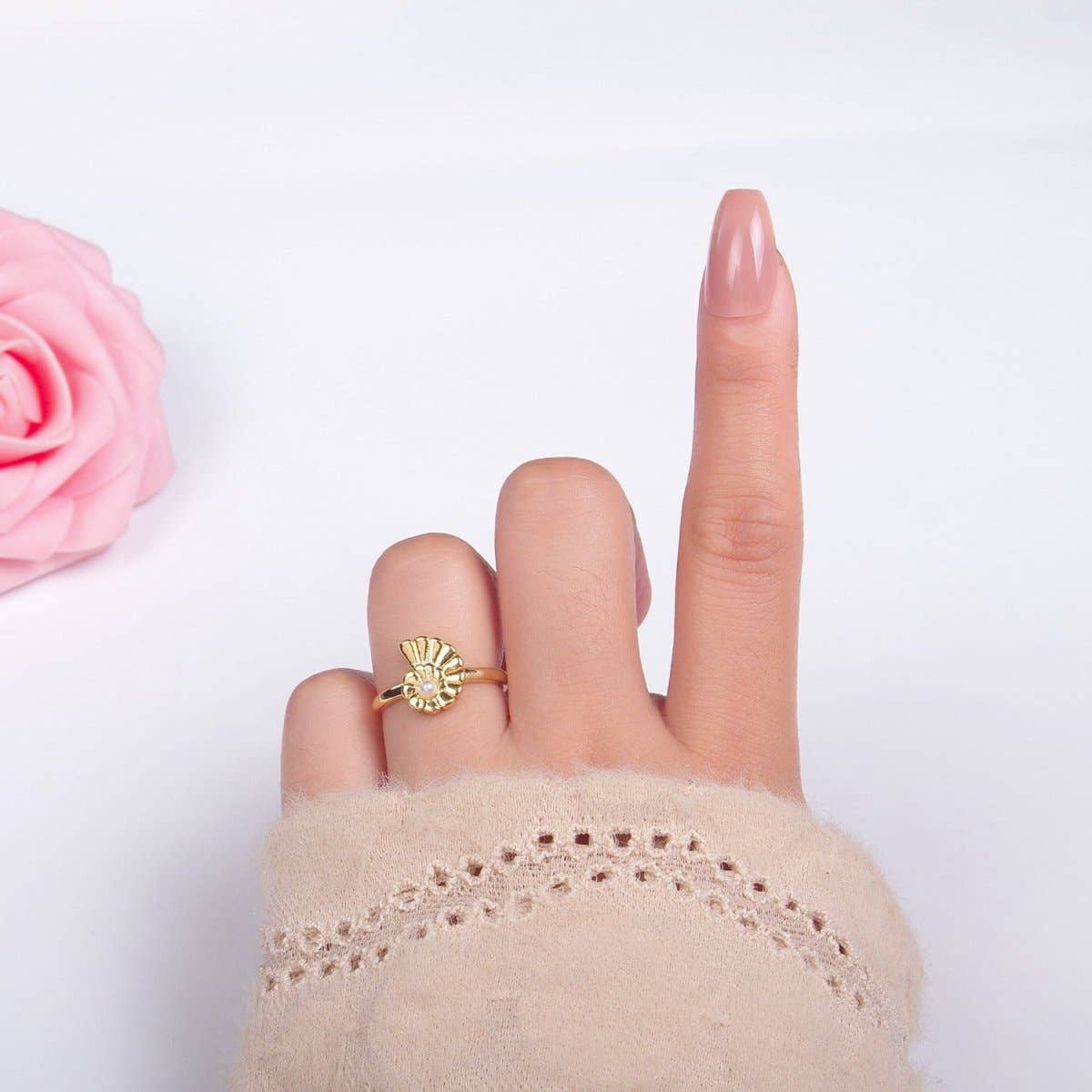 24K Gold Filled Clam Shell Pearl Adjustable Ring | U421