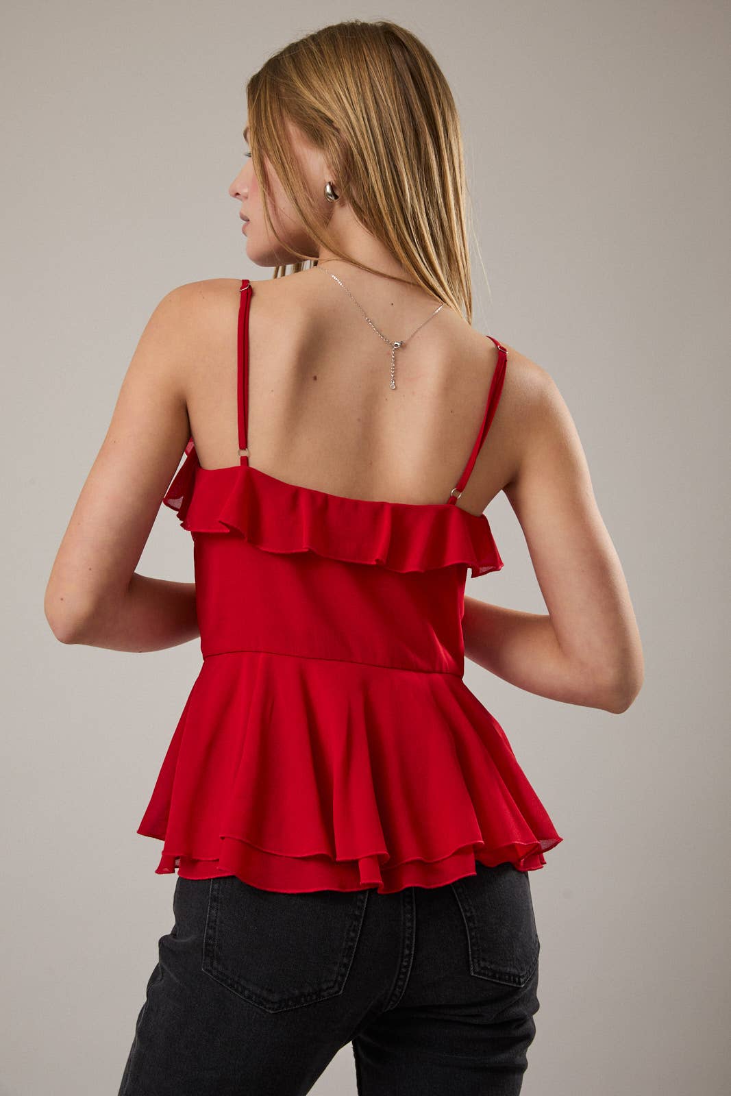 RUFFLE DETAIL PEPLUM SPAGHETTI TOP