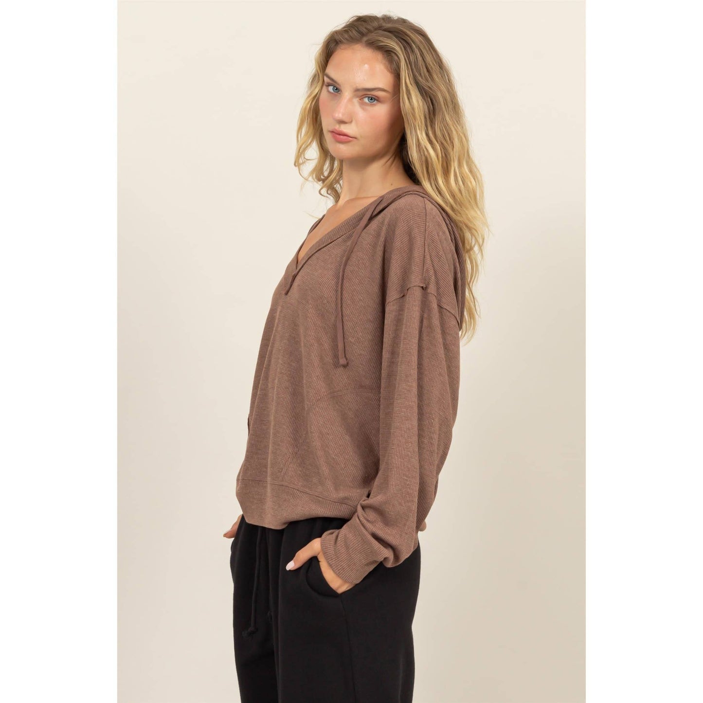 Relaxed Fit Notch Neck Ribbed Hoodie