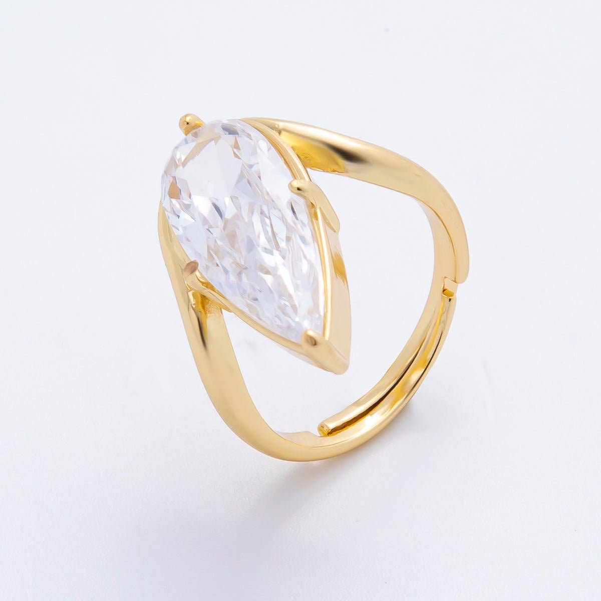 18K Gold Filled Pink, Clear Teardrop Pear Shaped Solitaire Curved Adjustable Ring | O-2208