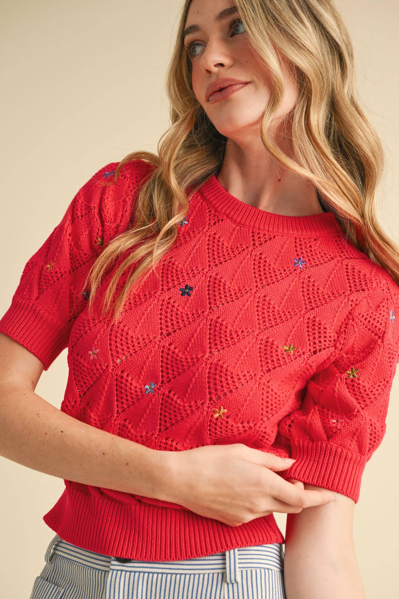 POINTELLE KNIT SWEATER WITH FLORAL EMBROIDERY MSW10819