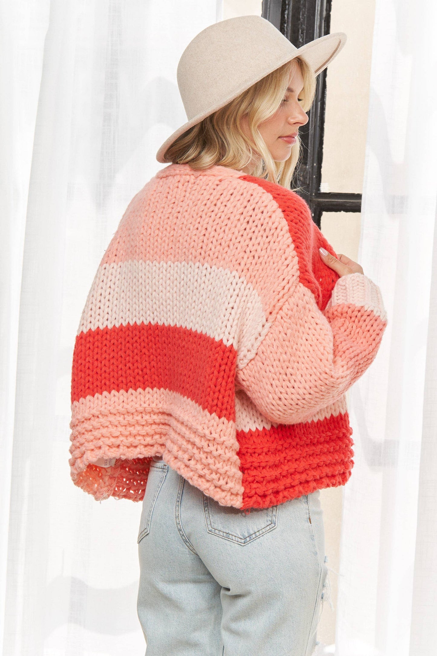 LESW3935-CHUNKY COLORBLOCK KNIT CARDIGAN