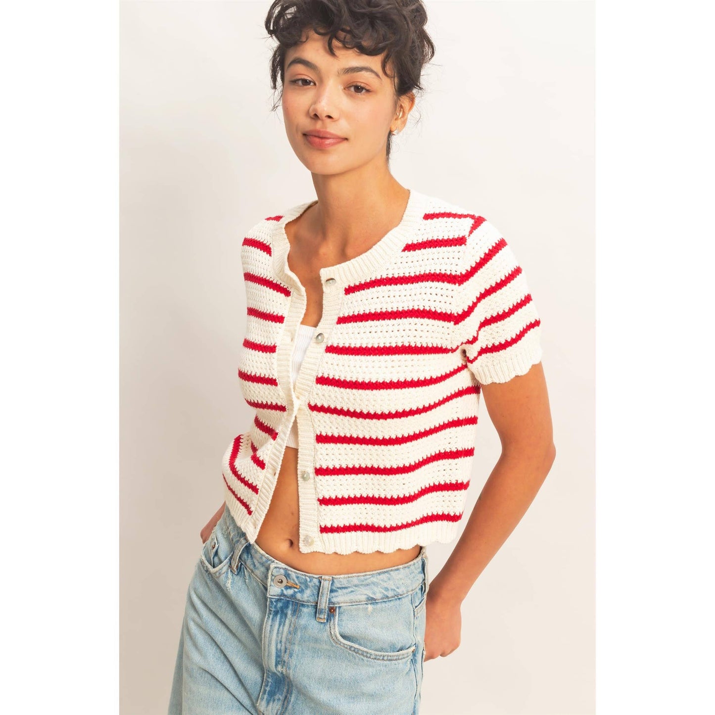 Striped Short Sleeve Cardigan With Scallop Edge
