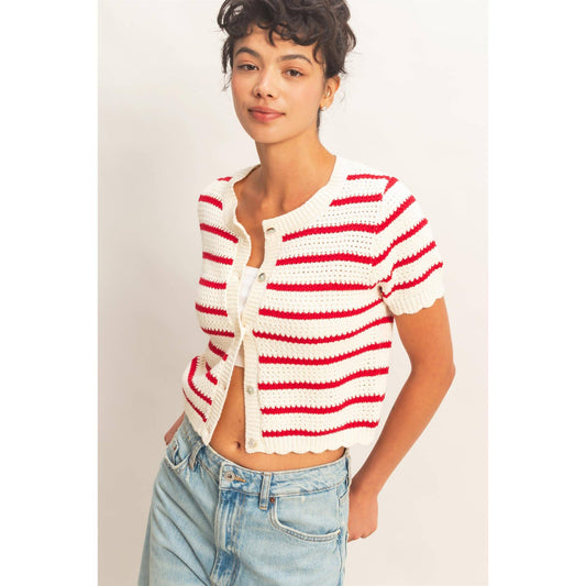 Striped Short Sleeve Cardigan With Scallop Edge