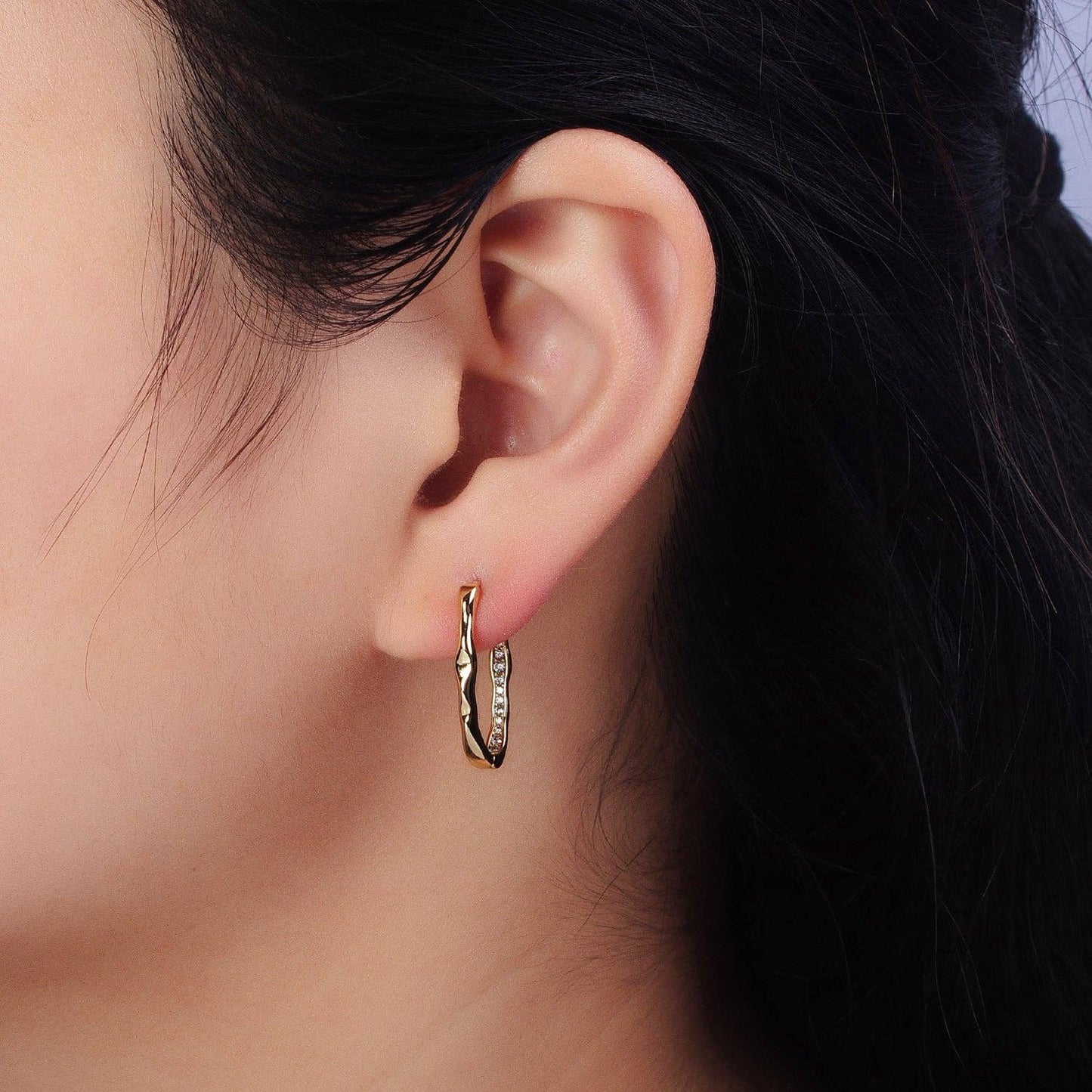 14K Gold Filled Oblong Hammered Geometric Micro Paved Hoop Earrings | AB266