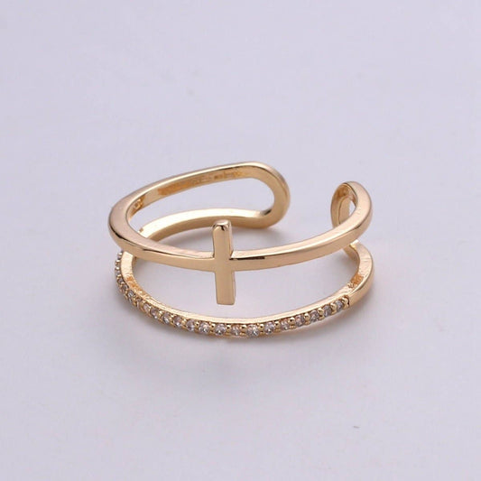 Side Cross Ring - Gold Cross Ring - Stacking Rings - Sideway Cross Ring - Cross Jewelry - Religious Jewelry - Sign Ring - Micro Pave ring R-060