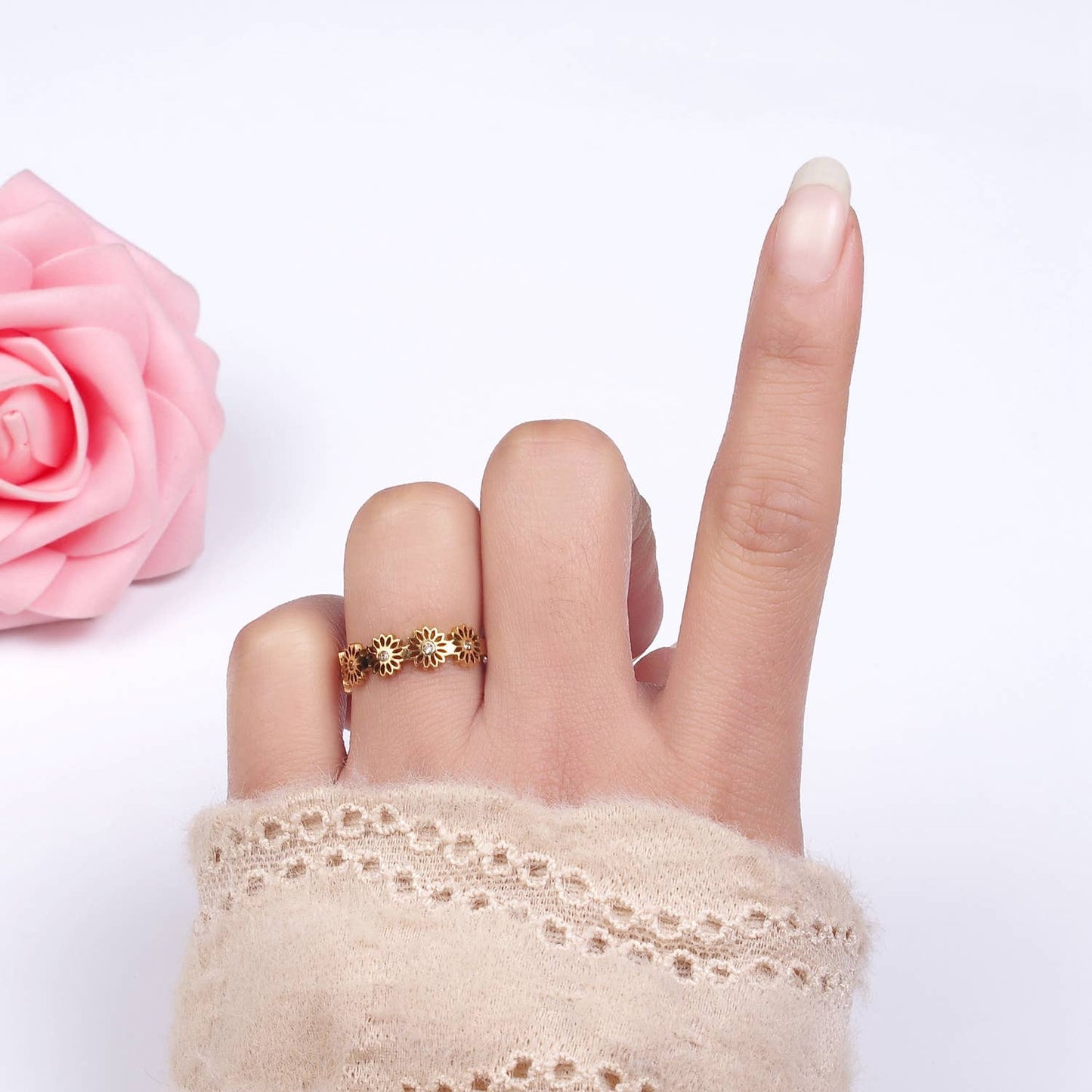 Stainless Steel CZ Open Flower Outlined Adjustable Rings