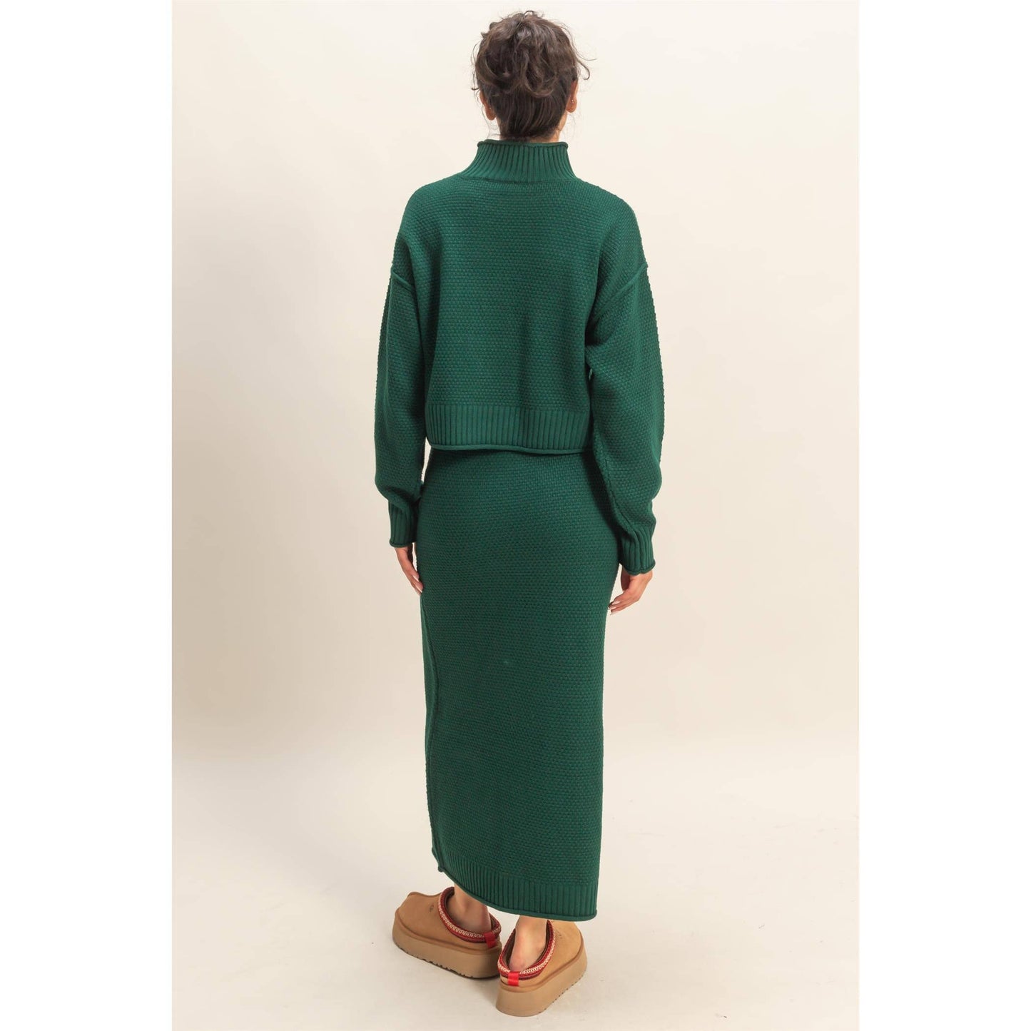 Textured High Neck Sweater & Skirt Set