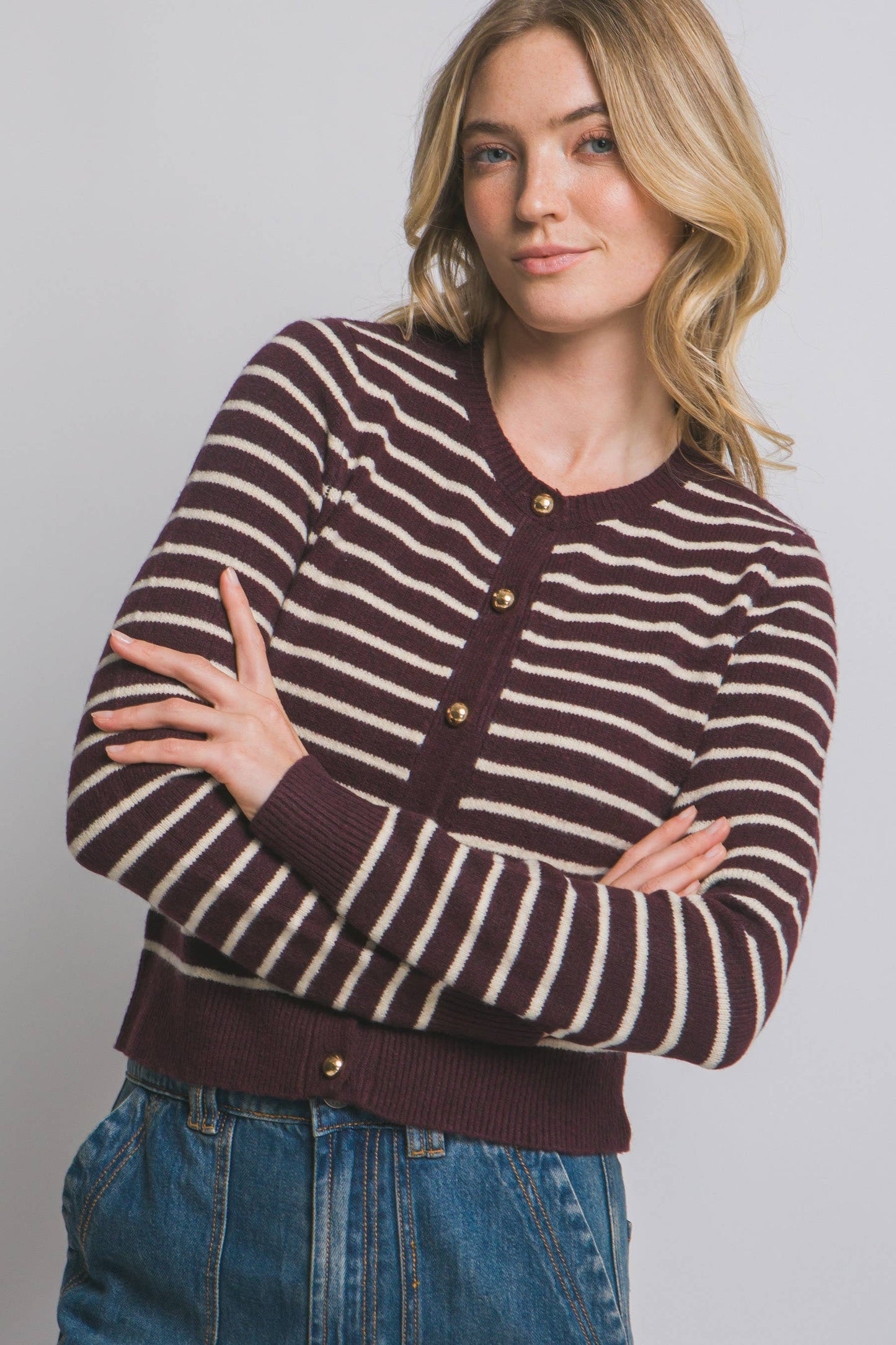 ,.0812 Striped Crew Neck Gold Button Cardigan SI-28593