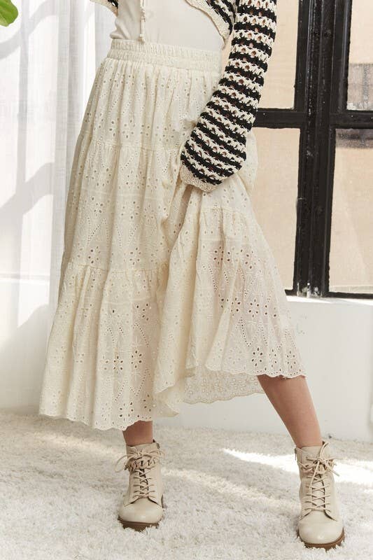 LES3878-ELASTIC WAISTBAND TIERED MIDI SKIRT