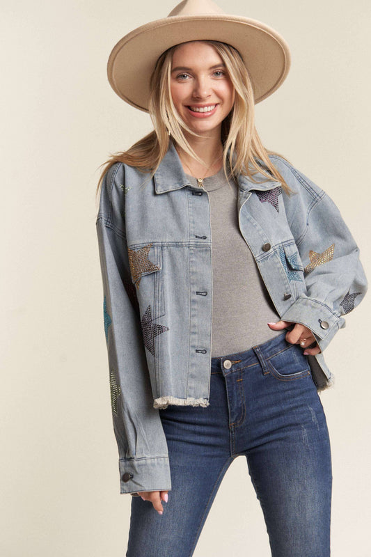 LKJ8209- RHINESTONE STAR ACCENT DENIM JACKET
