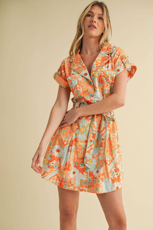 EXCLUSIVE PRINT BUTTON DOWN SHORT SLEEVE MINI DRESS MDR4044