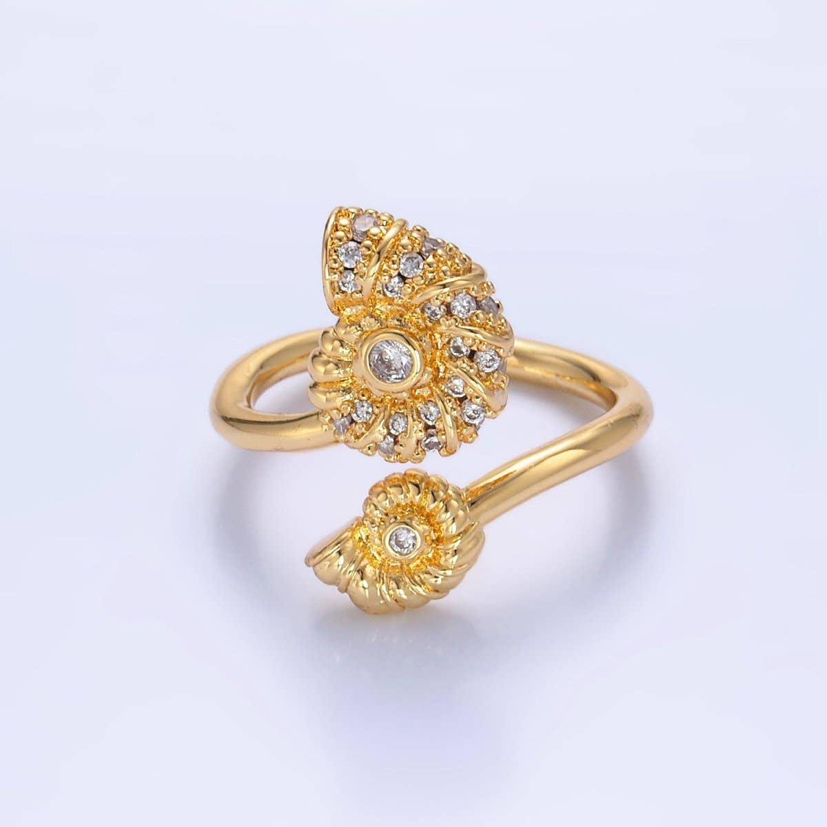 24K Gold Filled Micro Paved CZ Clam Shell Pearl Wrap Ring | U423