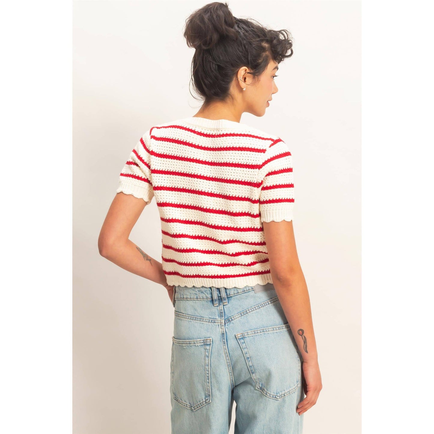 Striped Short Sleeve Cardigan With Scallop Edge