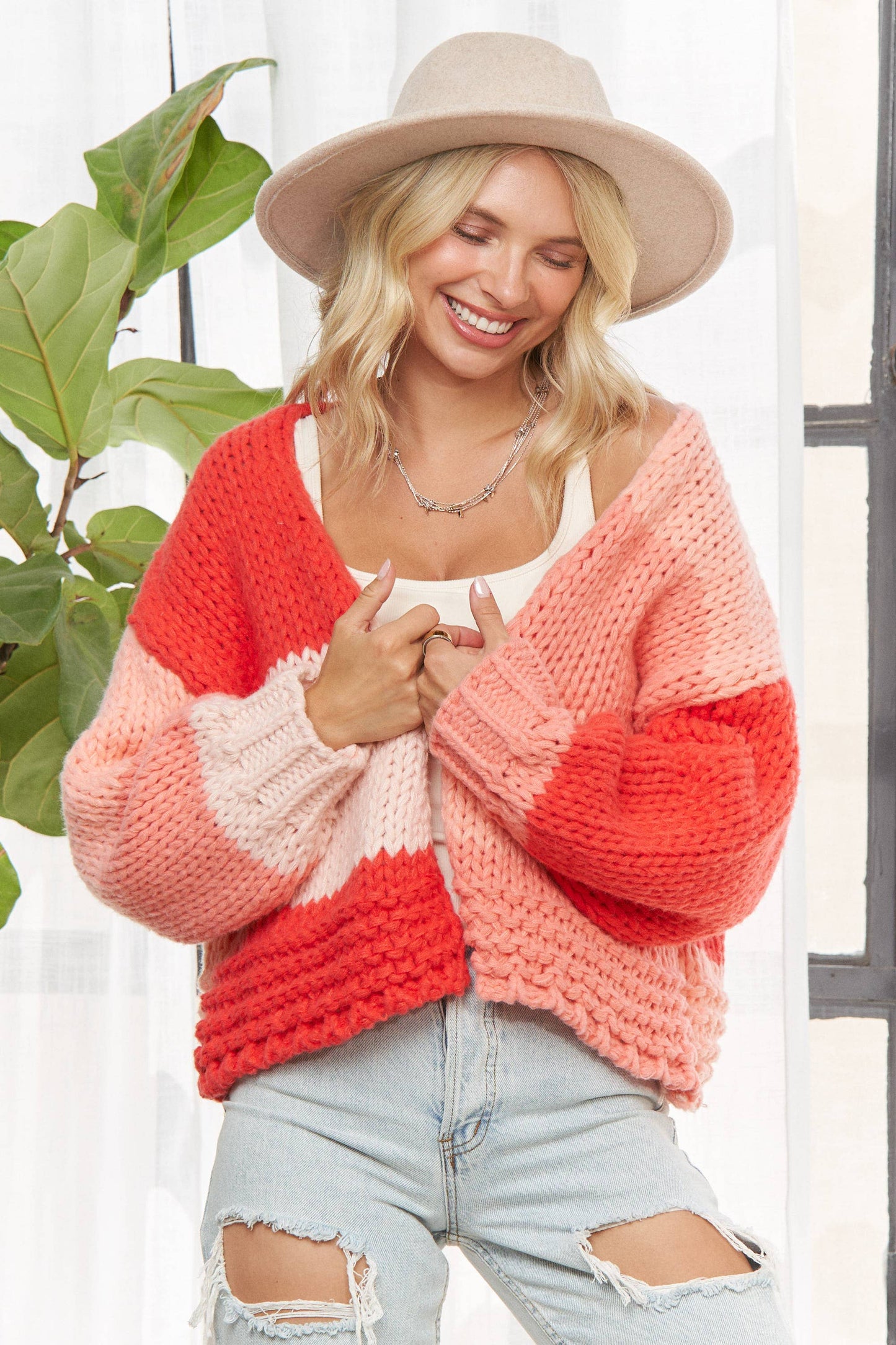 LESW3935-CHUNKY COLORBLOCK KNIT CARDIGAN