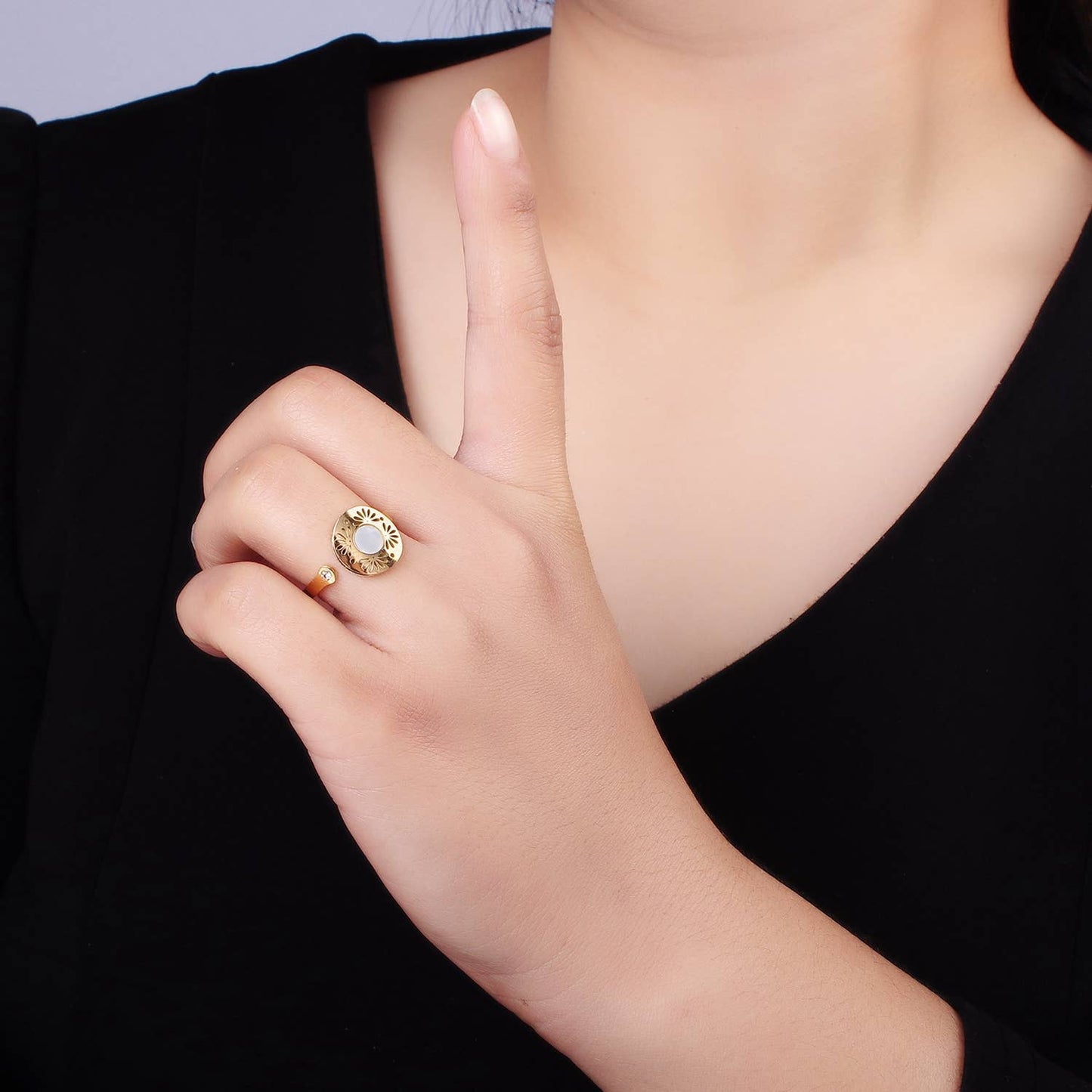 Stainless Steel Shell Open Flower Petal Filigree Round Ring