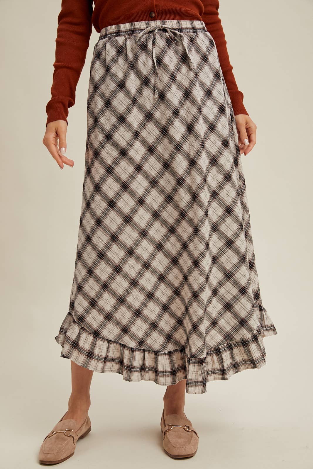 PLAID RUFFLE HEM MIDI SKIRT / WL25-11047